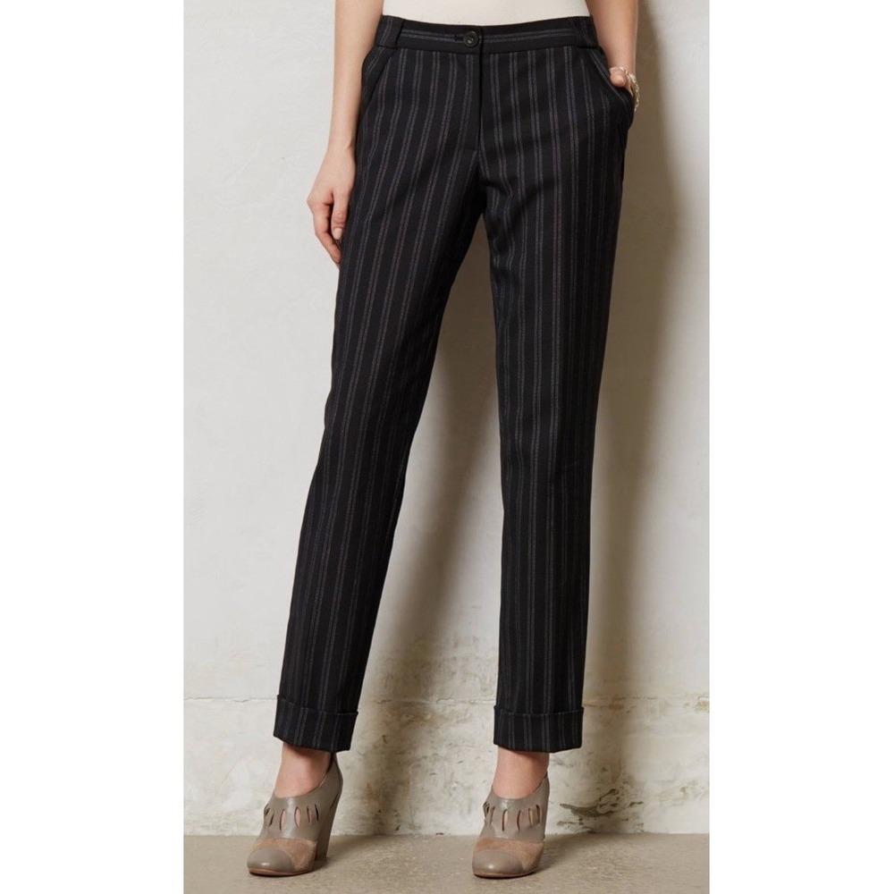Anthropologie Cartonnier Lou Taper Pinstripe Cuffed Trousers Black Grey Size 6
